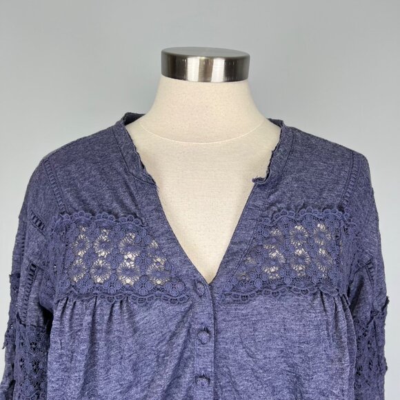 Sundance Womens Blue Crinkle Top Crochet Lace Trim Half Sleeves size Small - Picture 2 of 12